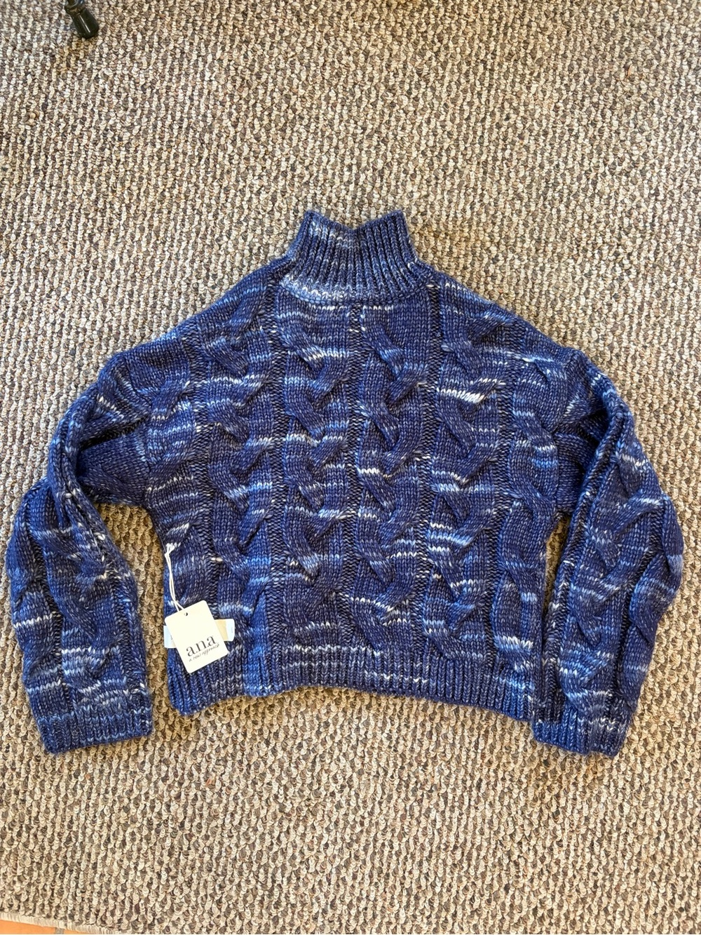 a.n.a Blue Marled Cable-Knit Turtleneck Sweater